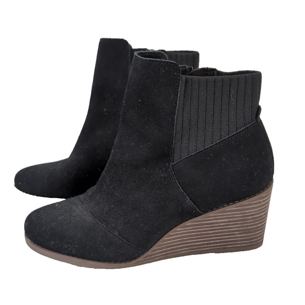 Toms Sadie Wedge Heel Ankle Boots Women 8.5 Black Suede Office Casual Minimalist
